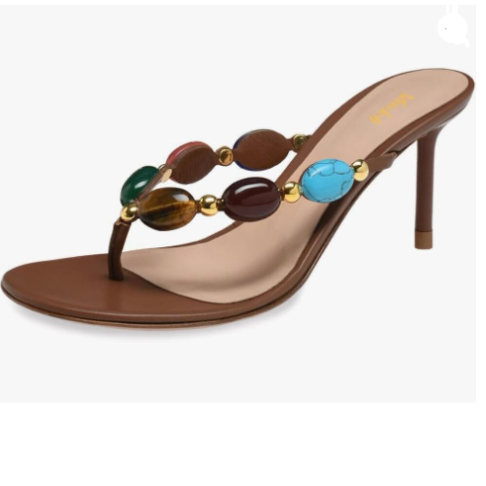 miss left Brown Jewelled Open Toe Flip Flops Sexy Thin High Heel Slip on Sandals